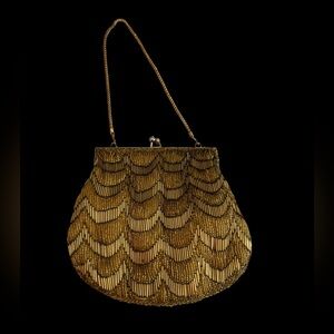Vintage Walbeag Gold Beaded Evening Bag | Kiss Lock Clutch | Chain Handle